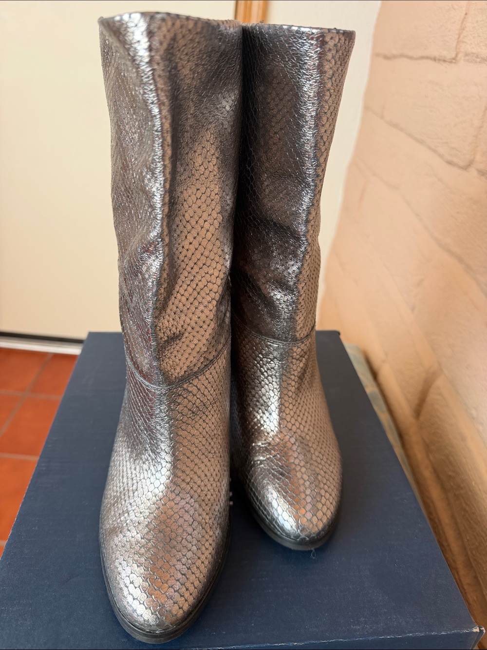 Michael Kors Silver Snake-Effect Mid-Calf Heeled Boots